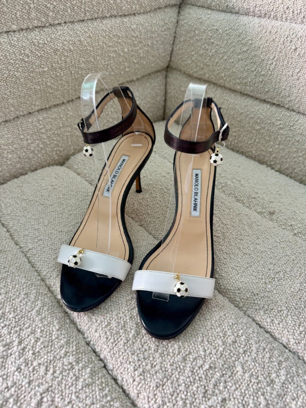 MANOLO BLAHNIK (Soccer Ball) Black & White Leather Sandals